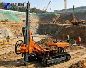 crawler DTH drilling rig working at building foundation pit site
