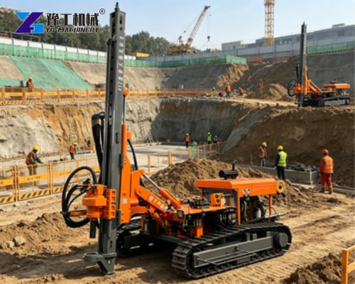 crawler DTH drilling rig working at building foundation pit site